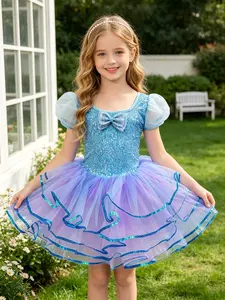 Girls' All-Over Sequin Blue Ballet Tutu Dress  girls   - Sparkly Bow, Sheer Puff Sleeve, Ombre Blue-Purple Wavy Tulle Dance Costume with Stretchy 1-Piece Leotard for Dance Class, Recitals, Photoshoots