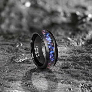 Men's 8MM Black Plated Tungsten Engagement Ring - Cloud Brocade Blush Pink Inlay Wedding Band Rings