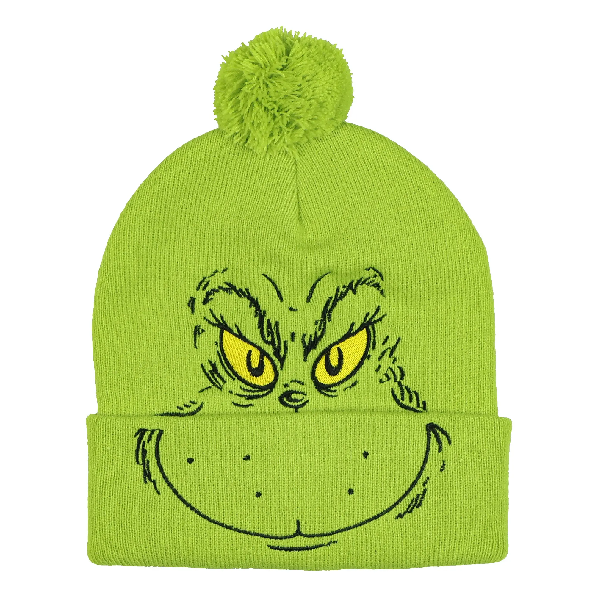 Dr. Seuss The Grinch Beanie Adult Embroidered Cuff Knit Ribbed Hat with Pom Pom