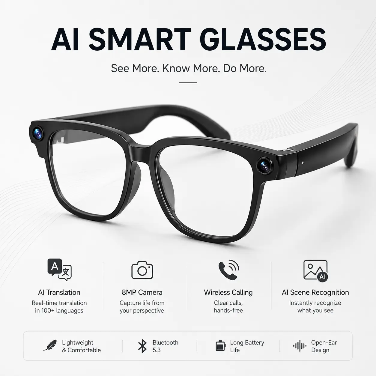 Gensz AI Camera Smart Glasses - HD Video Recording Sunglasses with Bluetooth, Built-in Camera, Audio, Voice Assistant, Hands-Free Photo Capture, Wide-Angle Lens, Rectangle Frame for Cycling, Everyday Vlogging