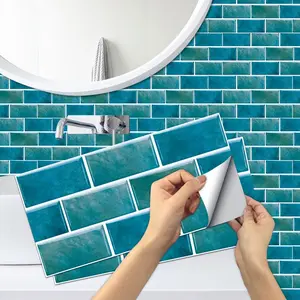 Turquoise Blue Marble Pattern Tile Sticker, 12/24pcs Self-adhesive Peelable Kitchen Oil Proof Bathroom Waterproof Decorative Wall Sticker, Home Decoration, Self Adhesive Tiles, Marble Tile Stickers