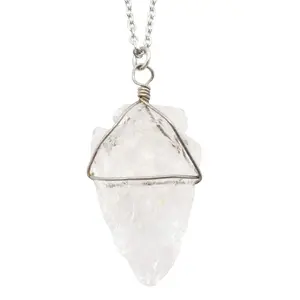 Quartz arrowhead pendant on thin silver chain necklace