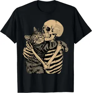100% Cotton Unisex Skeleton Hugging Cat Halloween Cat Lover Cat Mom Dad T-Shirt