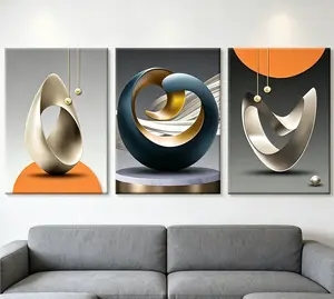 3-Piece Modern Abstract Geometric Canvas Wall Art Set, Framed 3D Texture Print with Gold Accents, Waterproof HD Artwork for Living Room Bedroom Office Home Decor