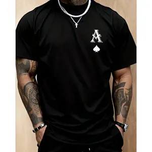 Men's "A" Print T-Shirt Casual Sports Crew Neck Short Sleeve Top Slight Stretch Geometric Pattern 100% Cotton Athletic Apparel Machine Washable