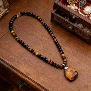 KC 1-Piece Lucky Vintage Natural Tiger Eye Geometric Pendant Necklace - Adjustable Beads Design, Men's Jewelry, Suitable for Daily Wear & Gift-Giving
