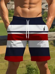 Men's Printed Striped Geometric Summer Vacation Beach Pants, Swimming Shorts, Adjustable Drawstring Waist, Casual Style, Swimwear Shorts