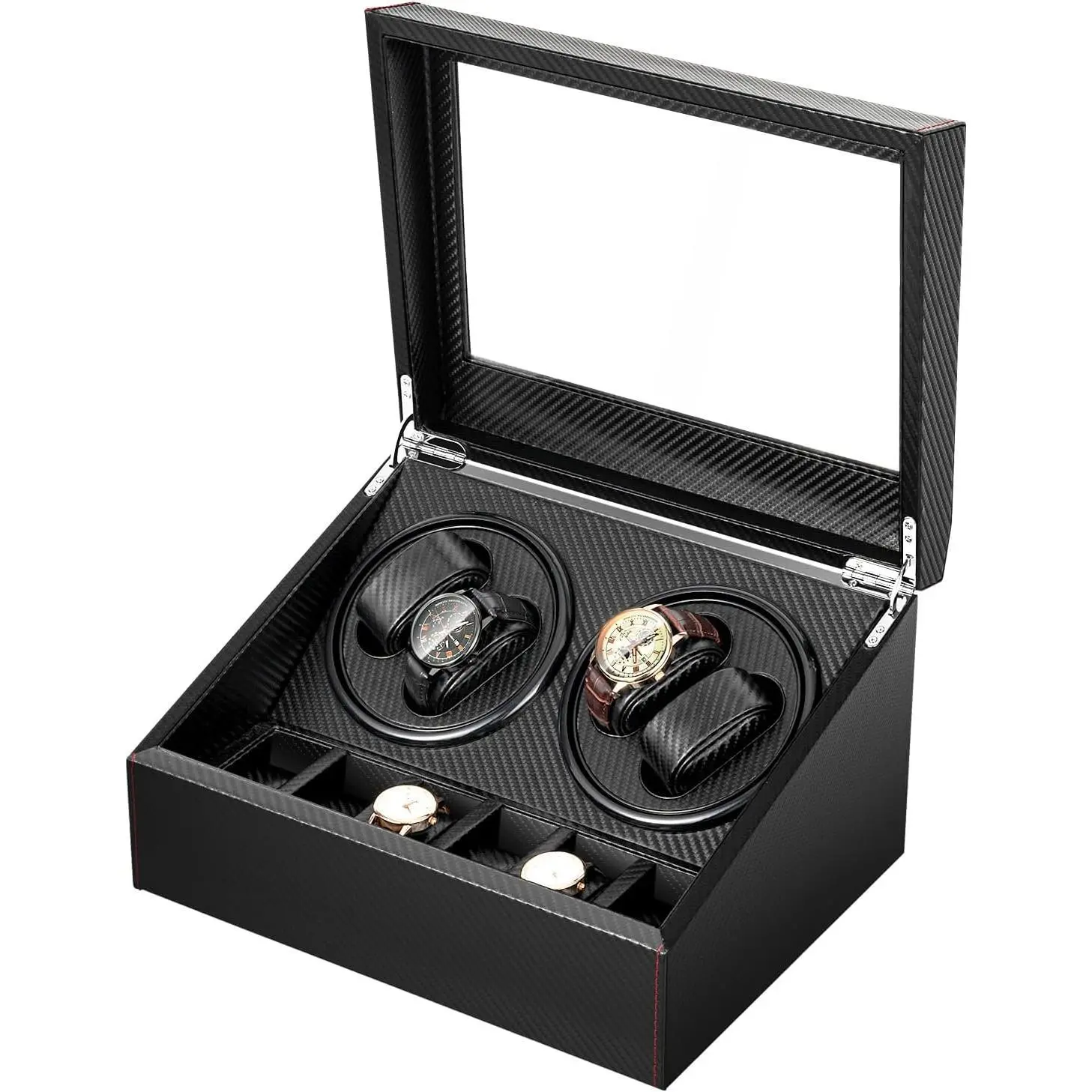 Automatic Watch Winder Box with Silent Bidirectional Motor, 4 Rotating Compartments, 6 Wristwatch Storage Compartments, 10dB Quiet, Watch Accessories for Men