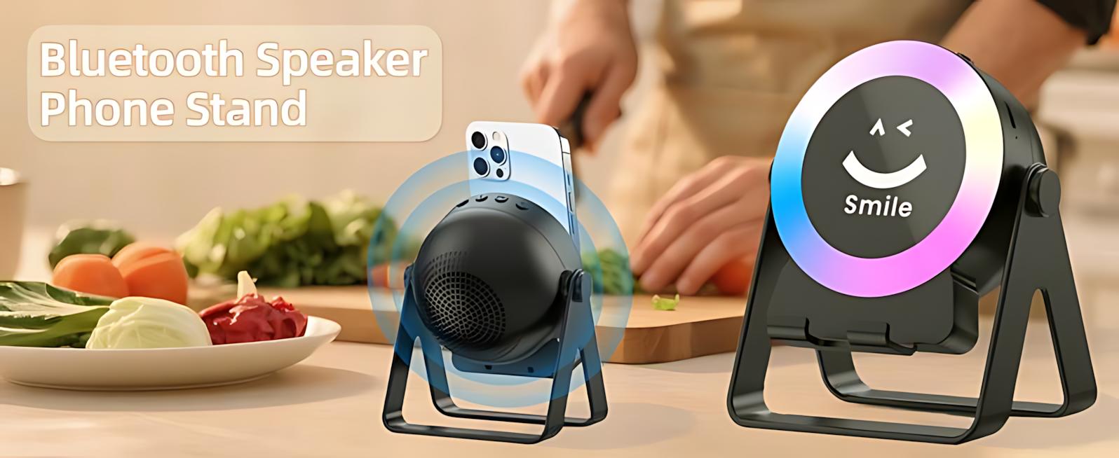 5-in-1 Bluetooth speaker with phone stand, power bank, LED light, wireless induction audio, and a 360° adjustable tablet holder; emergency charging (1500/3500 mAh); color ambient lighting; suitable for iPhone and Android; ideal for home, office, and trave