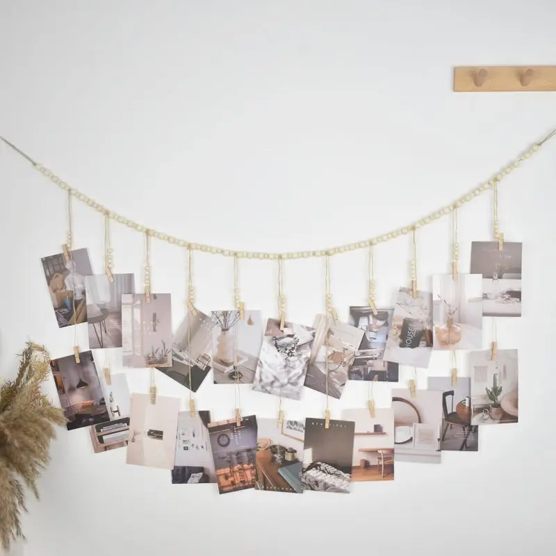 Boho Hanging Photo Display with 22 Clips – Wooden Bead Garland, Macrame Rope & Collage Frame for Wall Art Decor in Bedroom, Dorm, Classroom or Office