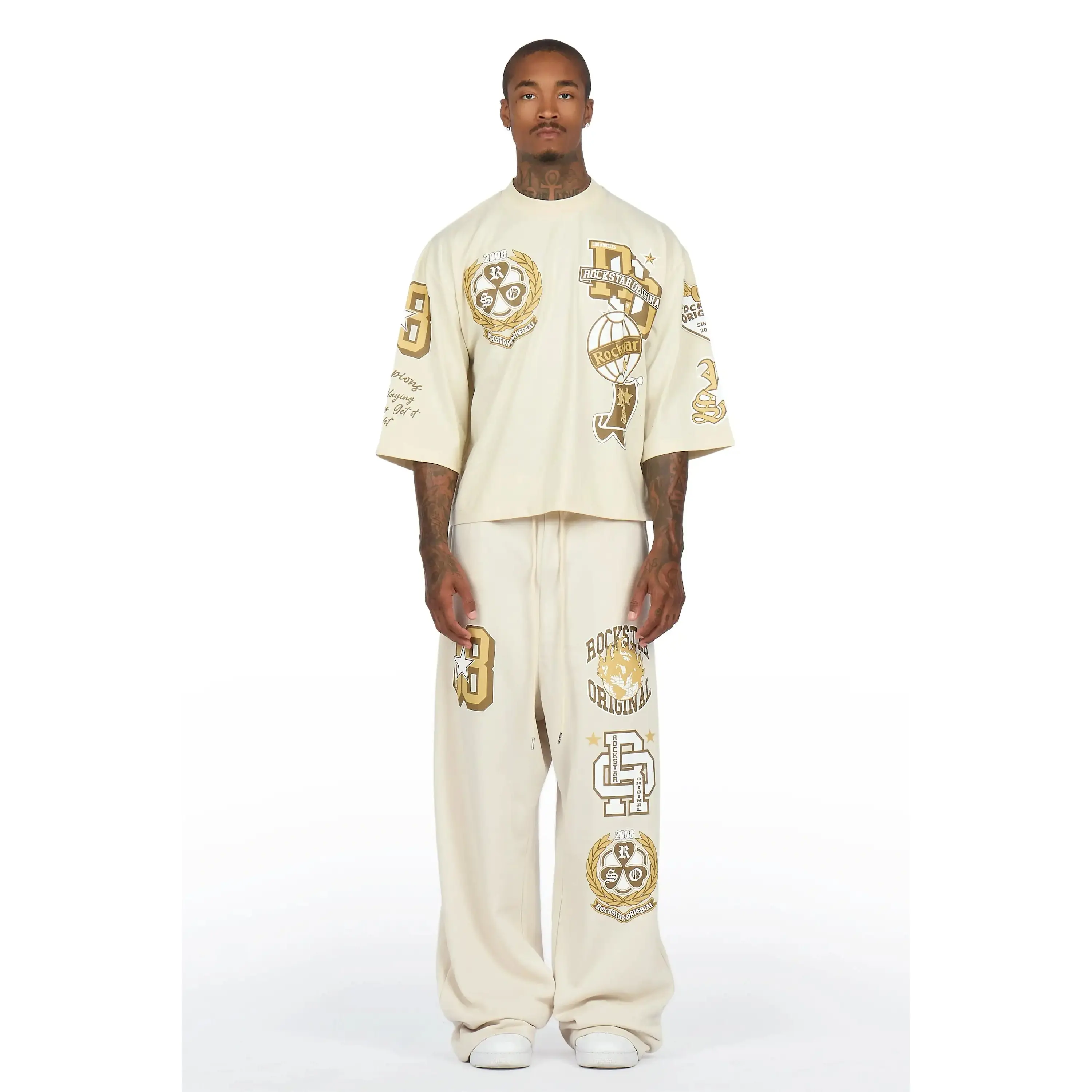 Gallant Beige 3/4 Crop Boxy Tee/ Fleece Baggy Pant Track Set