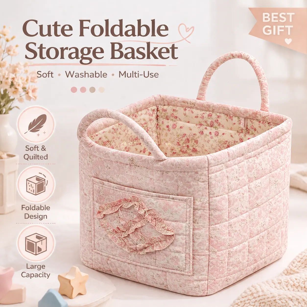 Boho Floral Fabric Foldable Laundry Basket&Storage Tote with Handle|Large Washable Multi-Purpose Organizer for Clothes-Women socks,Dolls,Car,Home&Office|Decorative Farmhouse Style Bag,Durable Travel multi-functional car storage basket,DealsForyouDays