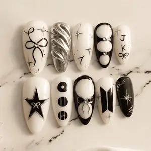 Sarahmarket Black White Minimal Star Press-On Nails, Hand-Painted Symbols & Chrome Texture, Yin Yang & Ribbon Details, Modern Kpop Inspired Style, Clean Aesthetic Nail Art, Everyday Cool Look, Custom Handmade Set