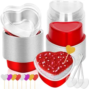Heart Shaped Cake Pans with Lids, Heart Tins with Lids for Valentine Day, Aluminum Foil Mini Cake Pans for Dessert Containers, Cupcake Container for Weddings Mother's Birthday Party