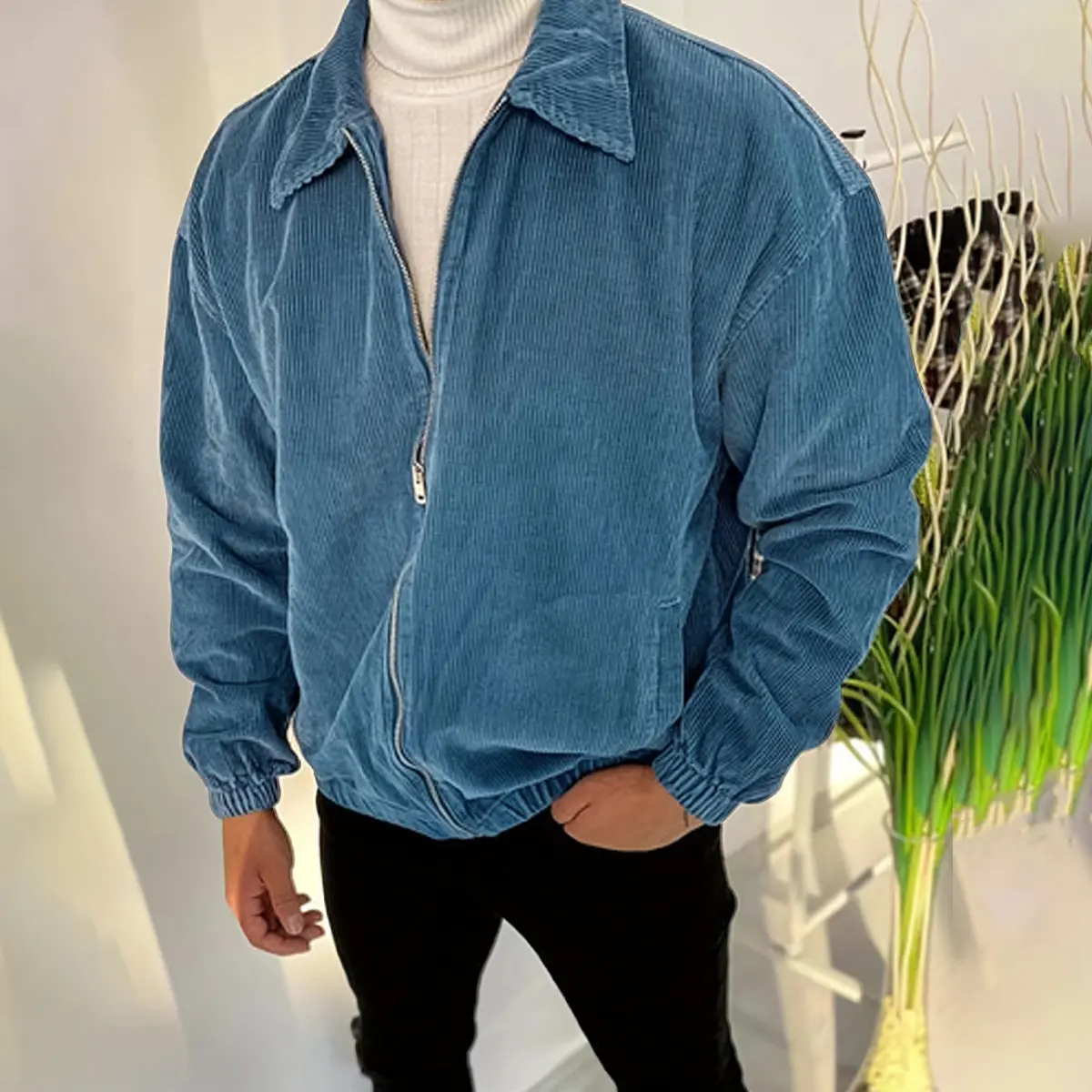 Men's European and American College Style Jacket Corduroy Coat Versatile Fashion Top Suitable for Travel Parties and Shopping with Polo Collar Classic Menswear