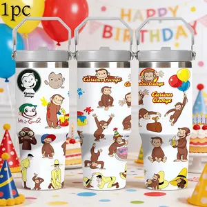1pc 30oz Curious George Stainless Steel Insulated Tumbler with Handle & Straw, Double Wall Vacuum Travel Mug, Portable water bottle, Drinkware, Perfect Gift for Fans, Ideal for Kids, School & Travel