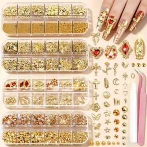 Gold Nail Charms and Gems Set, 4 Boxes Nail Gems Nail Pearls with Tools, 3D Cross Heart Virgin Mary Nail Rhinestones for Nails Supplies, Nail Design Art Kit