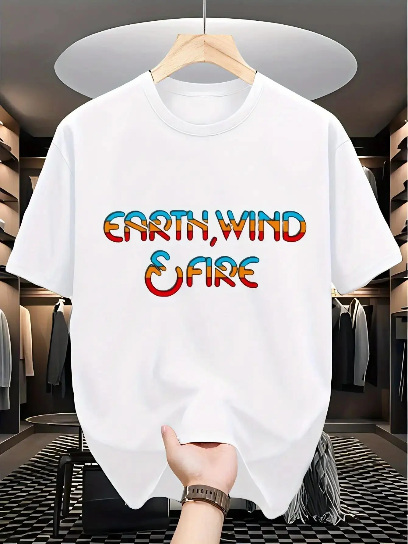 Men's Plus Size Earth Wind Fire Retro Graphic T-Shirt - Black Vintage 70s/80s Music Band Design, Breathable Short Sleeve Casual Tee, Machine Washable Soft Fabric, Bold Statement Shirt for Concerts & Daily Wear (Father's Day Gift Idea)