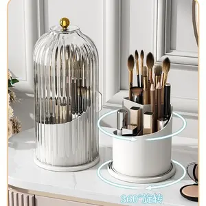 Mini Transparent Plastic Rotating Makeup Organizer, Modern Birdcage Cosmetic Brush Holder, Dustproof Compartmentalized Desktop Vanity Storage Box with Adjustable-Speed Rotating Stand & Collapsible Multifunctional Bins (Color Random, Not for Sale)