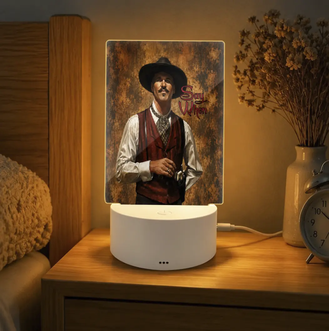 This bedside lamp features a classic Tombstone design, and also includes Doc Holliday's famous quote, "Tell me when," a classic Western artwork, made in the USA.