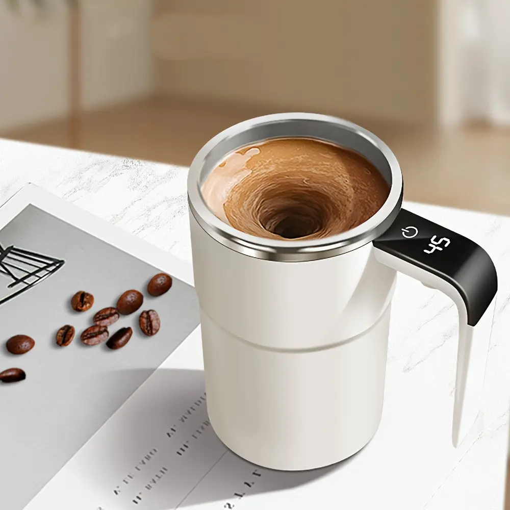 Automatic Magnetic Stirring Cup Stainless Steel Self-Stirring Coffee Mug with Lid Auto Stir & Heating Feature LED Display Reusable Washable Drinkware for Coffee Lovers - Tumbler, Coffee Travel Mug