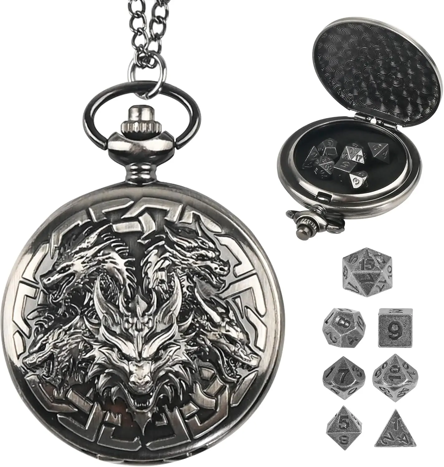 D&D Dice Set,7PCS Metal Dice for Dungeons and Dragons,Mini Dice Set with Pocket Watch Case,Role Playing Board Games Accessories (Dragon, Ancient Silver)