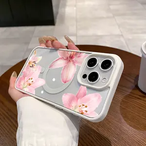 Adorable Magnetic Case for iPhone11/12/13/14/15/16/promax Pink lilies MagSafe Compatible, Lightweight, Anti-Fall | Girly & Chic Style