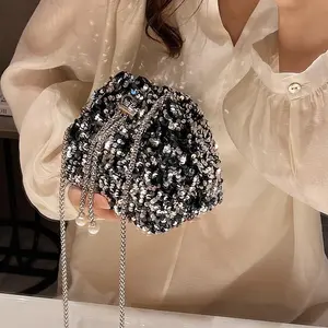 Women's Sequins Glitter Bucket Bag, Pearl Chain Shoulder Crossbody Evening Clutch Stylish Handbag for Party