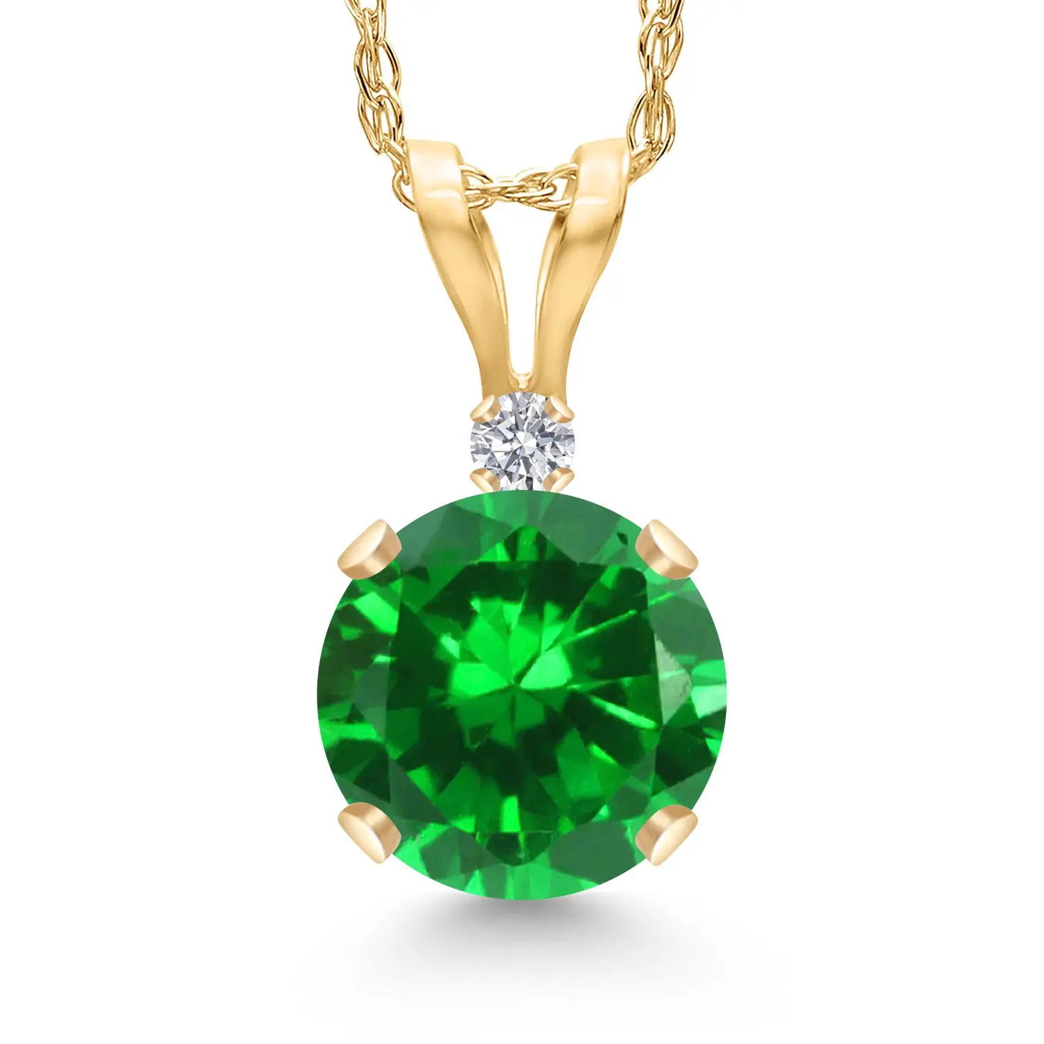 Gem Stone King 14K Yellow Gold Green Created Emerald and Lab Grown Diamond Pendant Necklace for Women | 1.02 Cttw | Gemstone May Birthstone | Round 6MM | With 18 Inch Chain