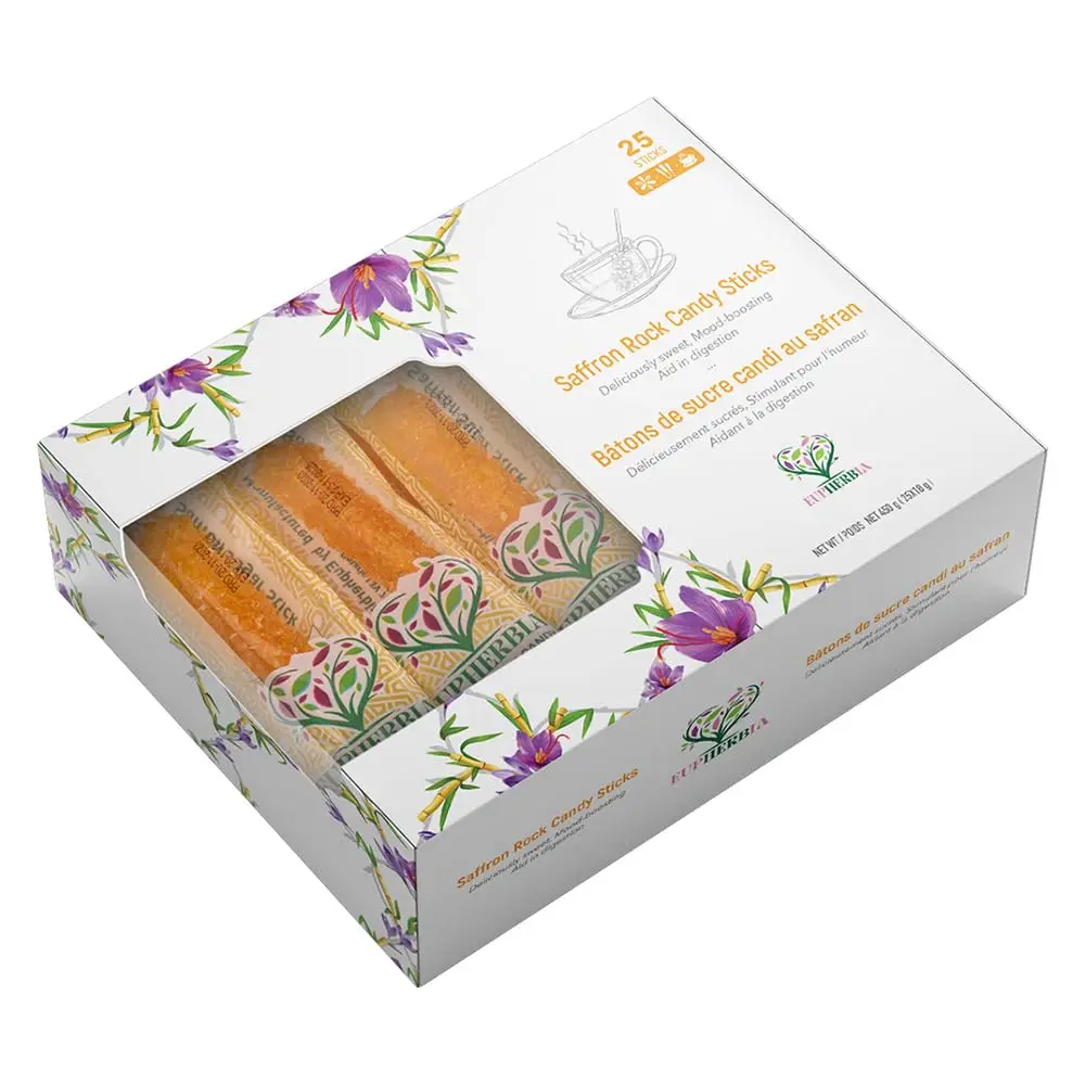 EUPHERBIA Saffron Rock Candy Sticks 25 Pack, Handcrafted Sugar Crystal Candy, Grade A Saffron Infused Nabat, Perfect for Tea & Coffee, 16oz