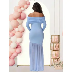 MaternitylongsleeveoffshoulderdresssolidcolormeshpanelledsplithemgownforbabyshowerphotospartypartyPostpartumOutfitsPregnant
