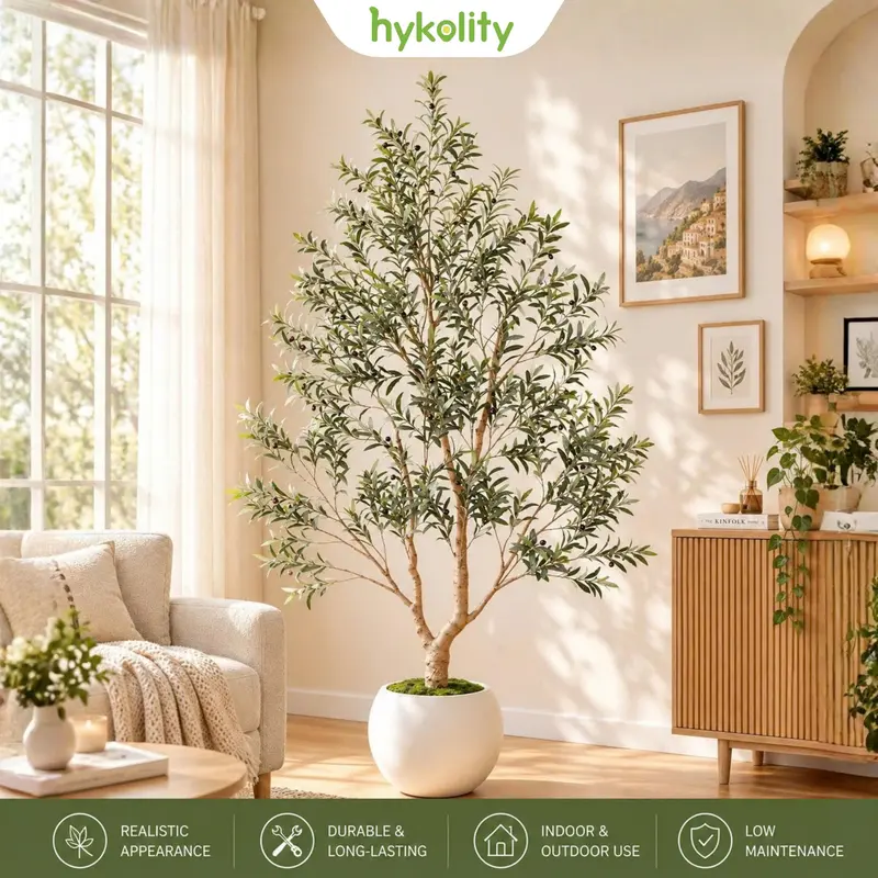 6FT-8FT Artificial Olive Tree with White Planter, Natural Trunk, Realistic Leaves & Lifelike Fruits, Aesthetic Home Decor Items for Entryway & Living Room, Kitchen Accessories