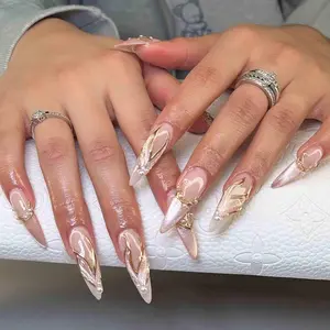 Nude Gold Press On Nails | 3D Leaf Tips with Metallic Shine & Pearls | Long Stiletto Nails for Bridal Glam, Party or Elegant Gift