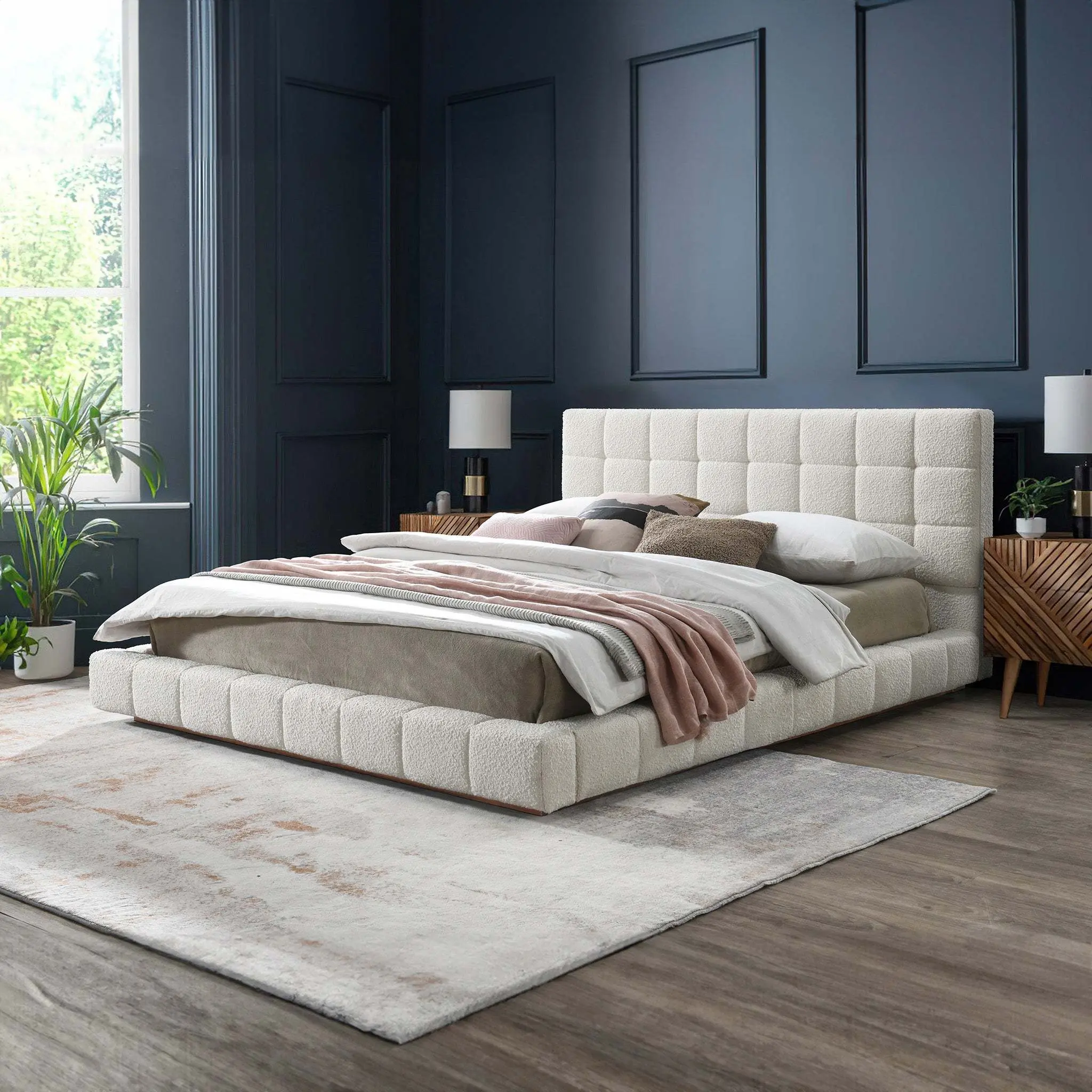 Hudson Ivory Boucle Upholstered Queen Bed Frame - Sturdy Wood Base Platform Bed for Contemporary and Modern Bedrooms, Mid-Century Design, Cloud-Like Shape with Gentle Bumps, Stable Slats