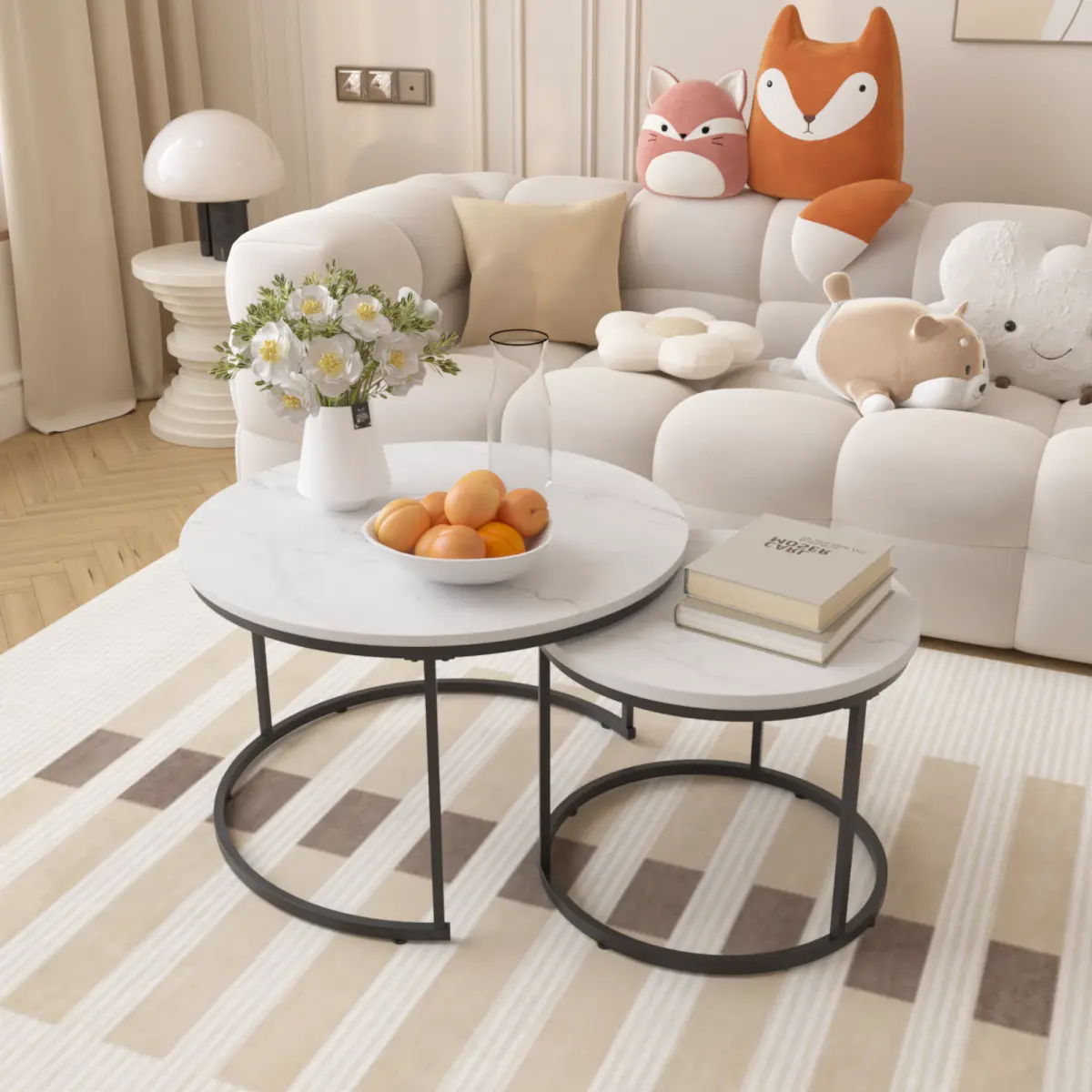 Nesting Coffee Table Set of 2, 27.6inch Round Coffee Table Wood Marble Pattern Top with Sturdy Metal Frame, End Table Side Tables for Living Room Bedroom Balcony Yard (White)    RR