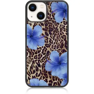 Cute Blue Hibiscus Flowers Leopard Cheetah Print Aesthetic Phone Case for iPhone 14 & iPhone 13 (6.1") Case for Women Girls