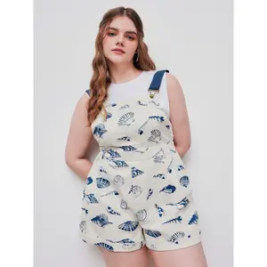 Cider Women's 100% Cotton Convertible-Strap Romper with Roll Hem & Shell Graphic Pockets, Curve & Plus Size Playsuit for Summer Beach Outings and Spring Casual Wear
