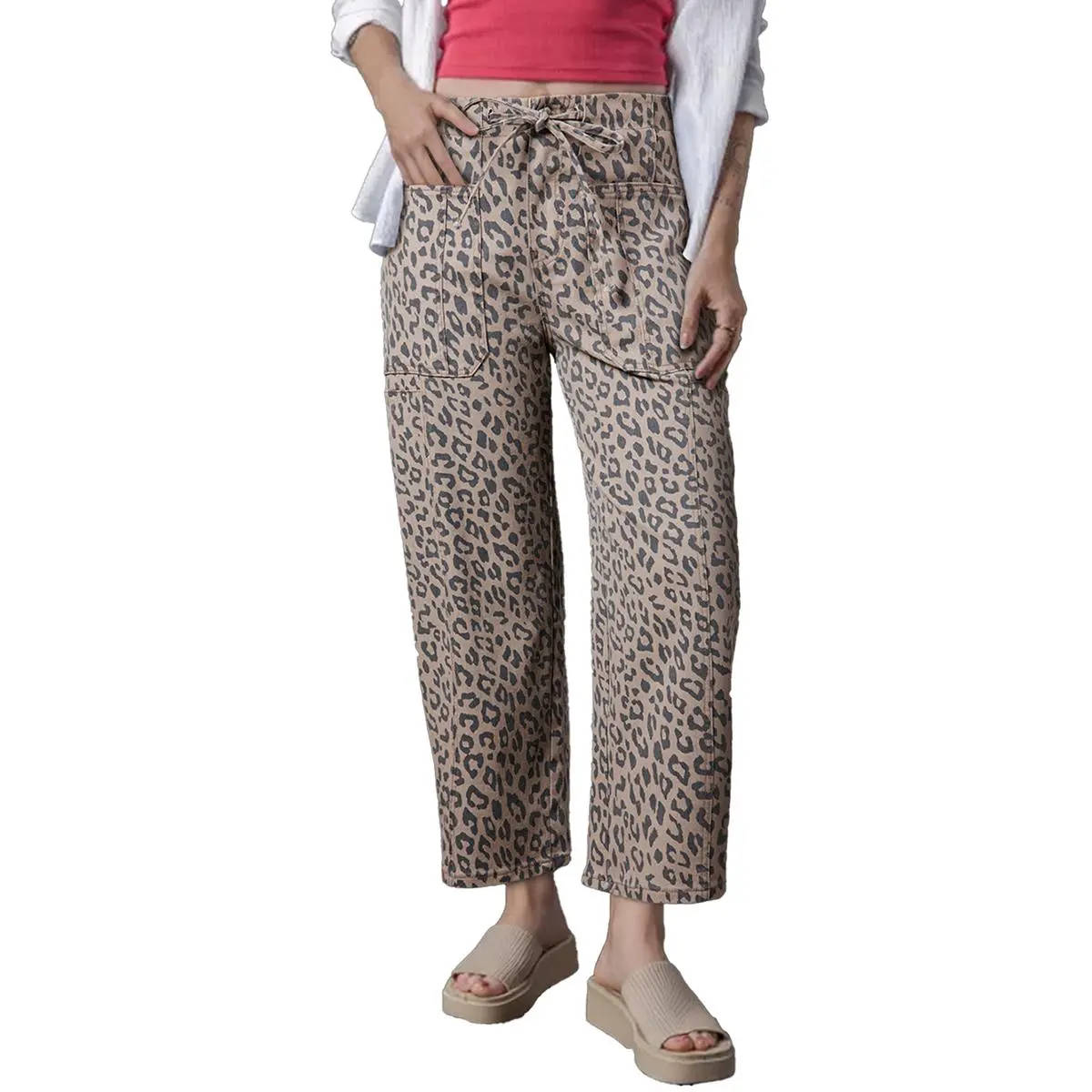 Asvivid Women's Leopard Printed Drawstring Elastic Waistband Pocketed Wide Leg Jeans Bottom Fashion Everyday Womenswear#DealsForYouDays