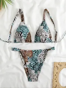 Women's Sexy Multi-Color Print Tie-Waist Two-Piece Bikini Swimsuit, Leopard Print Swimsuit, Stylish Beachwear, Comfortable and Flattering Fit
