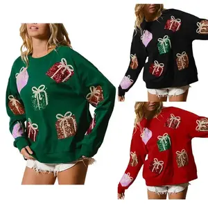 Women Glitter Christmas Sweatshirts Oversized Cute Sequin Graphic Shirts Long Sleeve Sparkly Xmas Pullover Sweater Tops