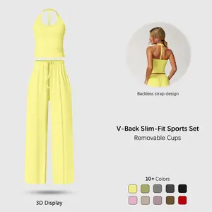 Women's Summervibes Casual V-neck Top and Wide-leg Pants Set, Women's Vacation and Travel Outfit, Comfortable Sporty Casual Wear, Yoga Set, Casual Loose Pants, Basic Set， long pant suit Vneck Minimalist Outdoor Fun