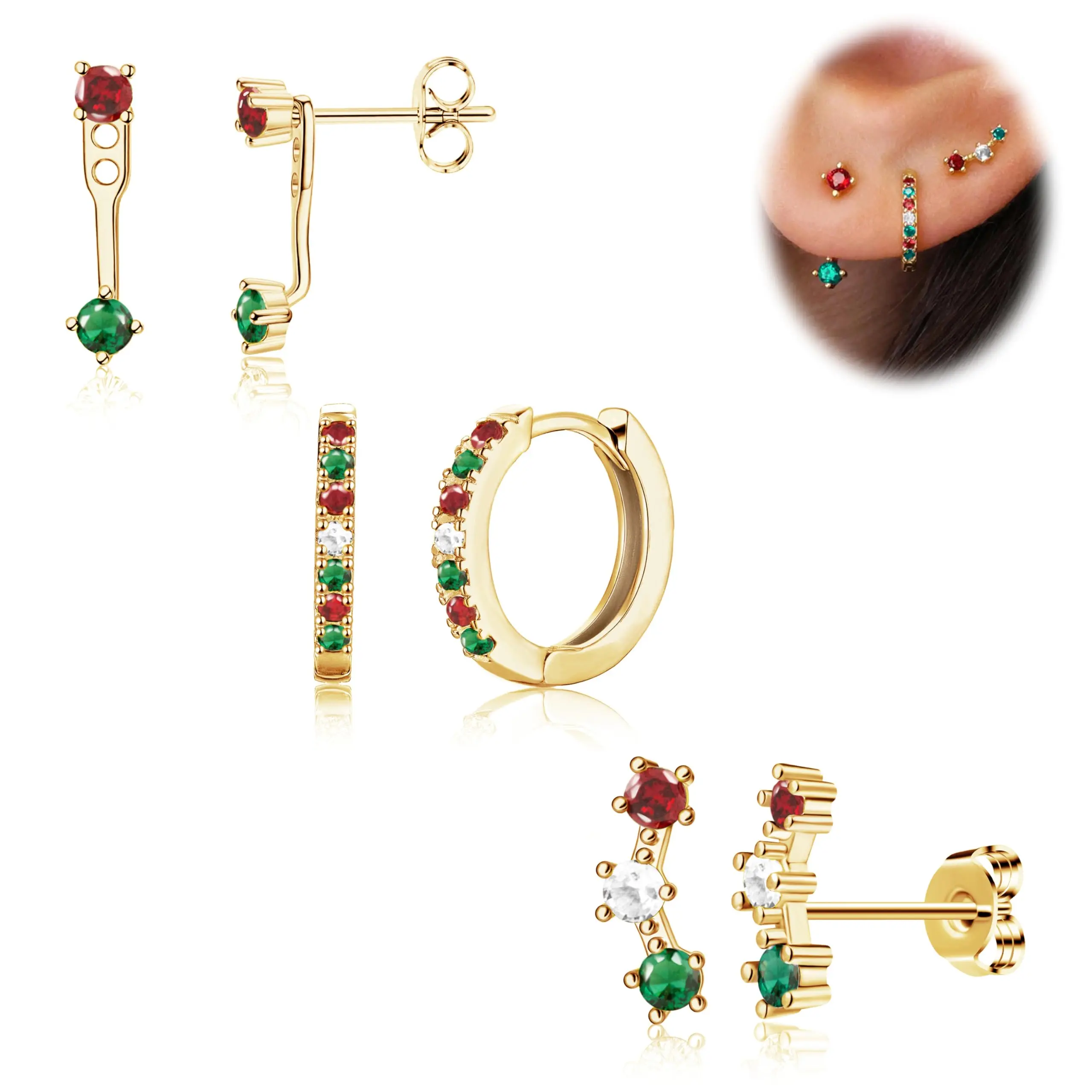 Christmas Gold Jewelry Earrings Set for Female, 3 Pairs Geometric Zircon Huggie Hoop, Stud & Ear Climber, Hypoallergenic Copper Earrings for Multiple Piercings, Affordable Fashion, Feminine Aesthetic, High Quality Workmanship, Metal Coating, Must Have Gif