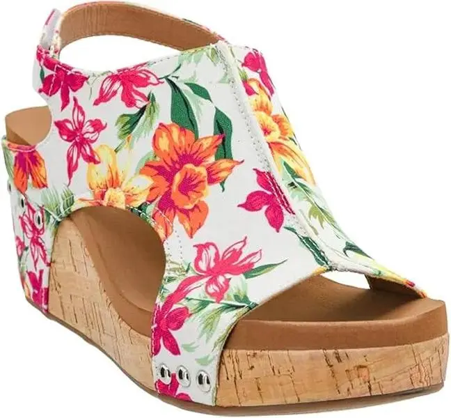 Chic Multi-Floral Cork Wedges, Casual Sandals with Memory Foam and Velcro Ankle Strap - Essential Fashion Apparel Footwear, Women, Comfortable Heels, Formal