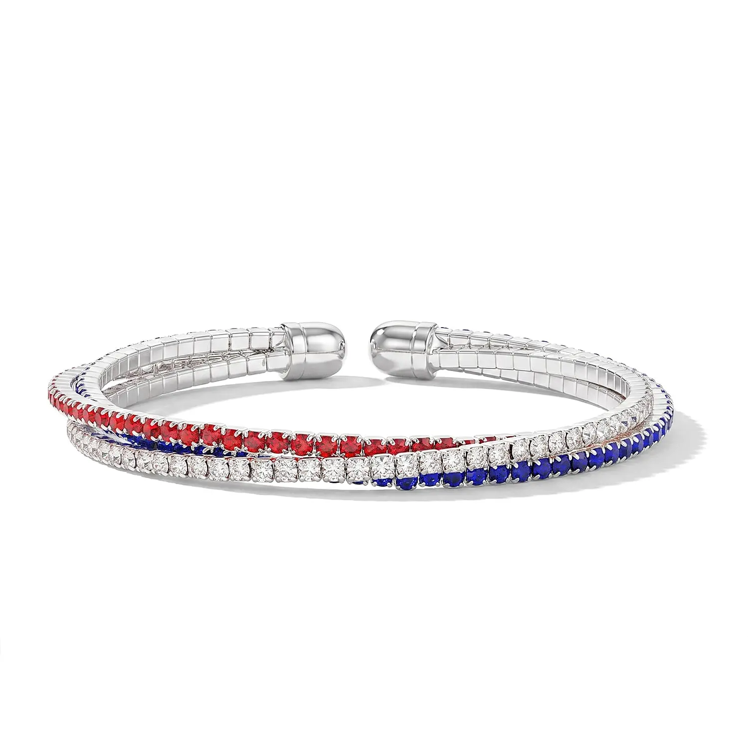 Multi Color Austrian Crystal USA Flag Pattern Cuff Bracelet in Silvertone (6.50-7.50In)