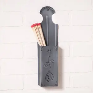Antique Tin Long Match Holder - Metal Organiser for Matches with Decorative Cutout and Elegant Design