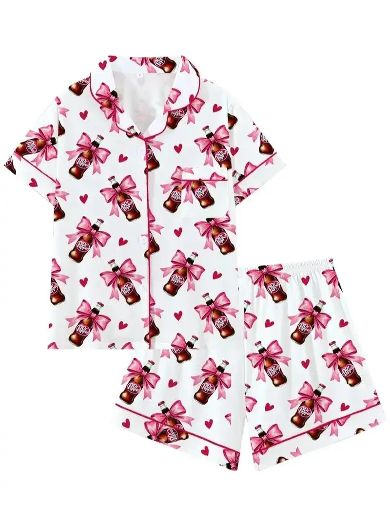 Dr Pepper Collar Short Sleeve Pajama Set, Comfortable Sleepwear, Loungewear, All-Season Loose Fit, Animal Pattern, Perfect Gift