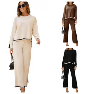 DUTUT Women's Sweater Set - Casual Longsleeve Knit Crewneck Top & Elastic Waist Wide-Leg Pants - Soft Nylon Material, Stretchy, High-Quality, Sporty & Elegant Two-Piece Outfit