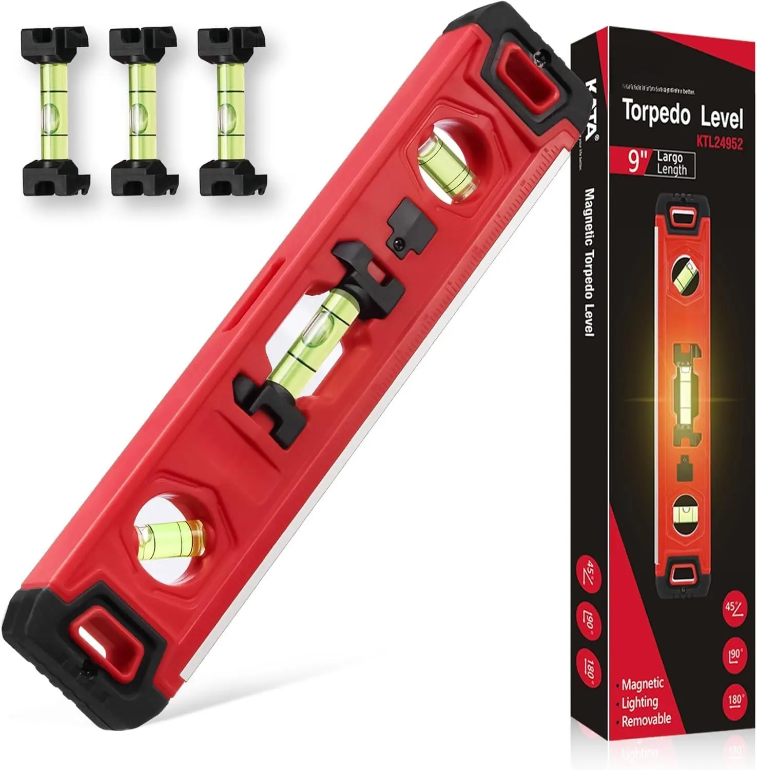9 Inch Shockproof Torpedo Level with Built-in Light, Ruler, 3 Bubble Spirit Vials & 2 Extra Line Vials - Synthetic Measuring Tool for Automotive Repairs, Gardening, Camper Maintenance, Landscaping (Boyfriend's Birthday Gift Option)
