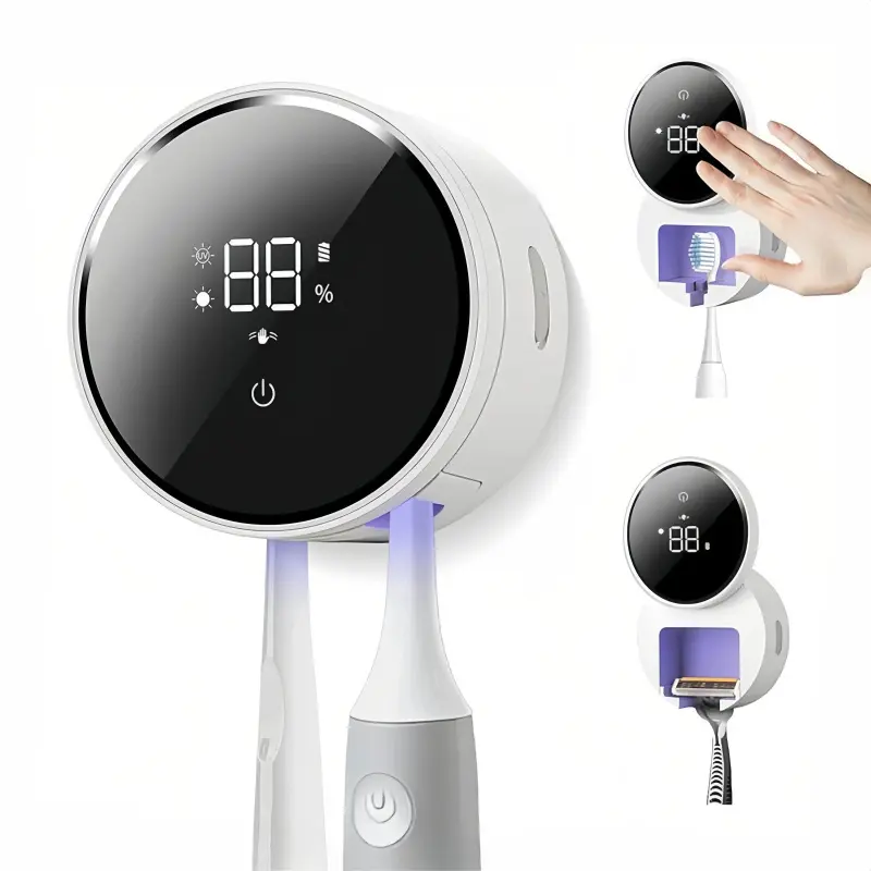 Three-in-one smart toothbrush cleaner, equipped with an LED display, UV-C light, automatic sensor lid opening function, rechargeable wall-mounted stand, suitable for home and travel, used for electric toothbrushes and oral care