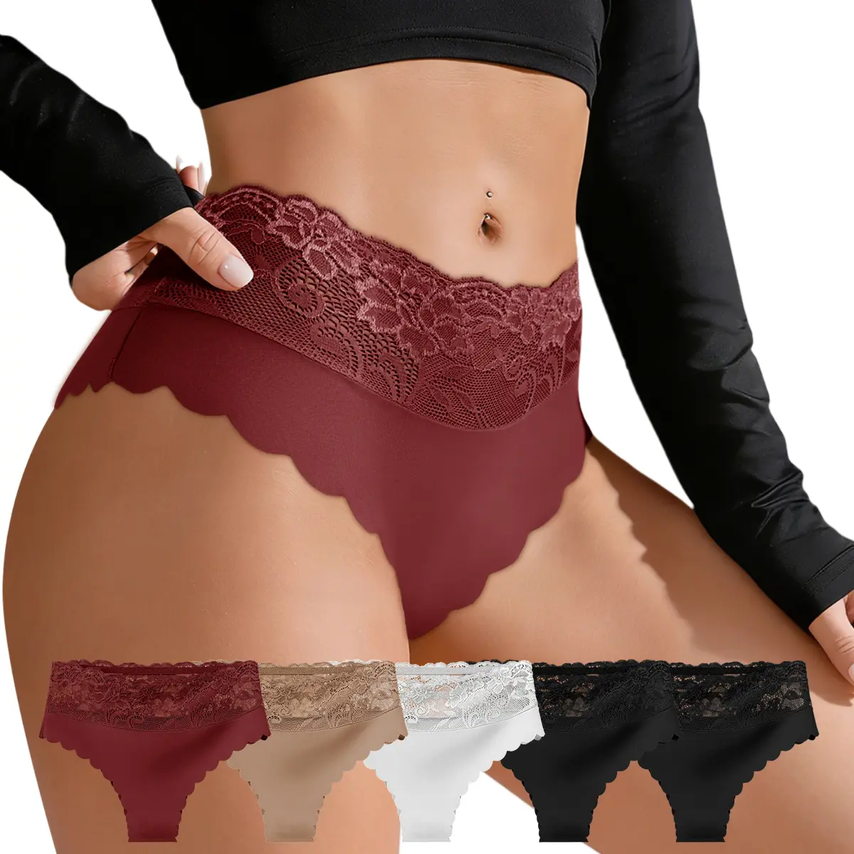 Women's 5-Pack Mid-Waisted Lace Panties, Essential Polyester Fabric Lingerie, Smooth Silky Seamless Breathable Skin-Friendly No-Show Everyday Basic Briefs, 4-Season Wear S-XXL
